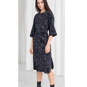 & Other Stories  Size: 0  Belted Polka Dot Midi Dress Fluid Viscose Flare Sleeve
